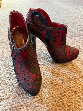 Shi by JOURNEYS Red and Black Studded Lace-Up Stiletto Booties